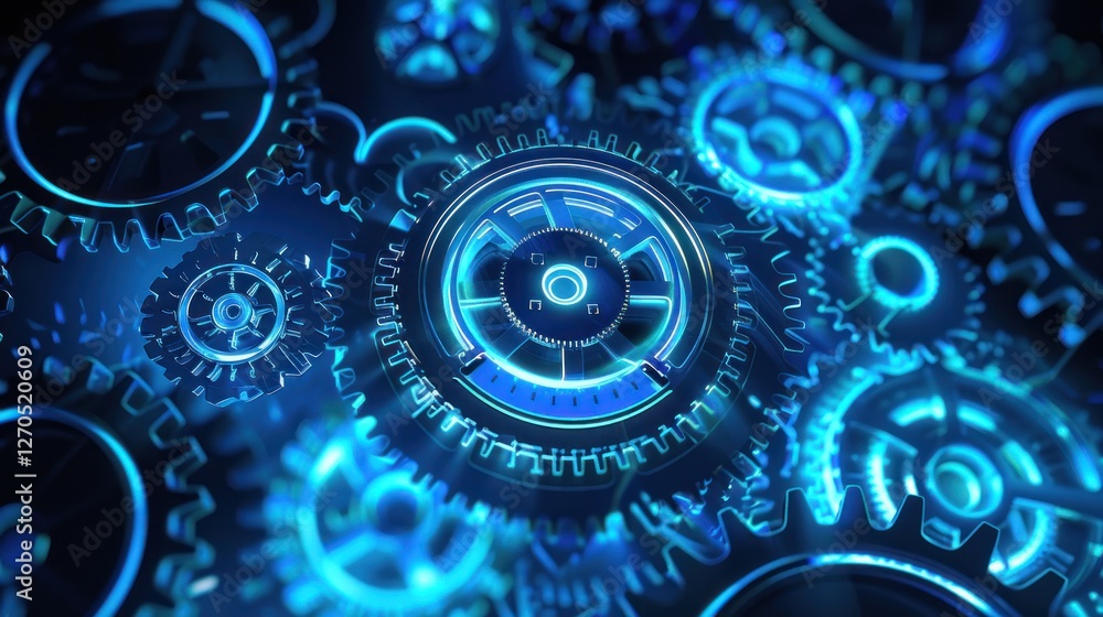 Blue Glowing Gears Abstract Background