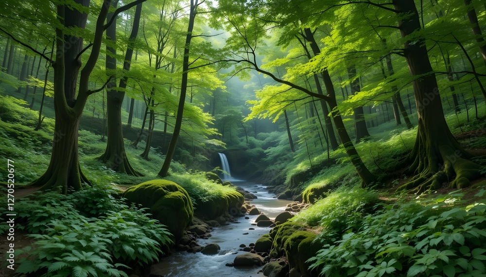 Lush Green Ravine with Thriving Trees and Serene Woodland Ambiance, their vibrant leaves, deep shade, and a feeling of sanctuary and abundance in forest
Lush Green Ravine with Thriving Trees and Serene Woodland Ambiance, their vibrant leaves, deep shade, and a feeling of sanctuary and abundance in forest
