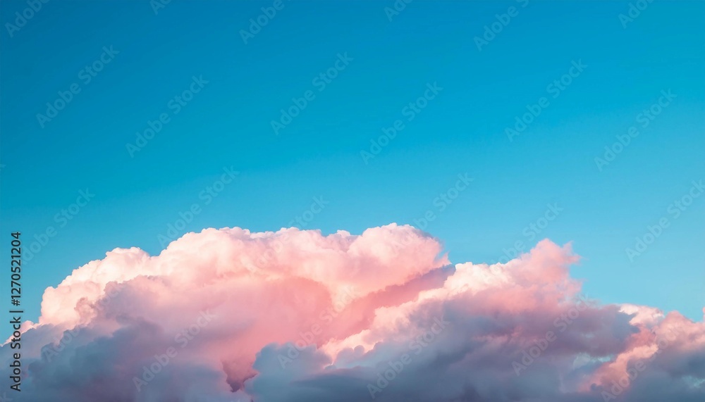 Fototapeta premium Tranquil Skyline Featuring Soft, Cotton Candy Clouds in a Dreamlike Atmosphere, Pastel Hues of Pink and Blue Paint Serene, Dreamy Cloudscape, Panoramic Sky