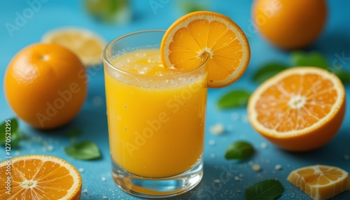 Glass of fresh orange juice with ripe oranges isolated on a blue background