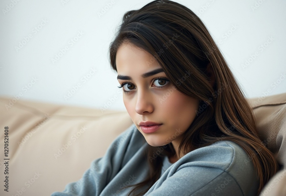 Photorealistic natural light portrait of a bored-looking young adult female Photorealistic natural light portrait of a bored-looking young adult female