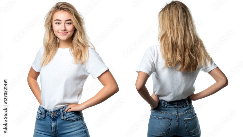 Woman, smiling, white t-shirt, jeans, studio, mockup (1) Woman, smiling, white t-shirt, jeans, studio, mockup (1)