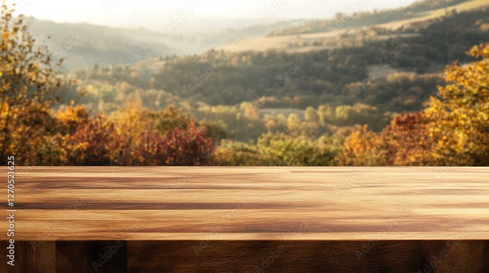 Empty wooden table in front of autumnal landscape background. For product display montage Empty wooden table in front of autumnal landscape background. For product display montage