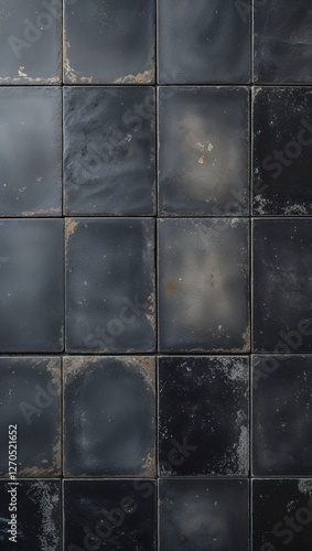 a grid pattern with square tiles, each tile being uniformly sized. The tiles are predominantly black with a slightly weathered appearance