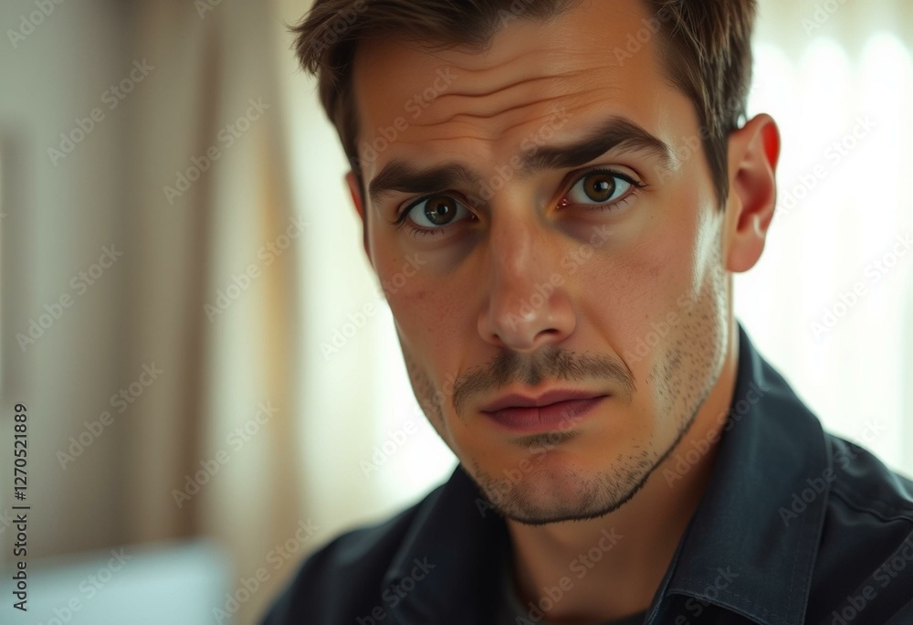 Obraz premium Photorealistic portrait of a nervous-looking male individual in a well-lit room