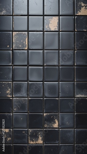 a grid pattern with square tiles, each tile being uniformly sized. The tiles are predominantly black with a slightly weathered appearance