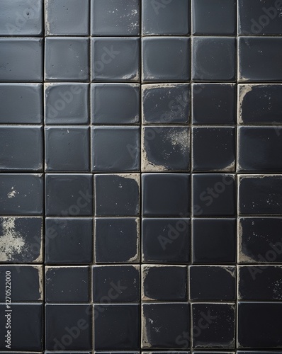 a grid pattern with square tiles, each tile being uniformly sized. The tiles are predominantly black with a slightly weathered appearance