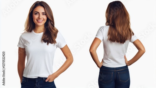 Woman, white tee, studio, mockup, front, back, jeans, isolated