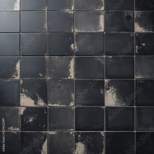a grid pattern with square tiles, each tile being uniformly sized. The tiles are predominantly black with a slightly weathered appearance