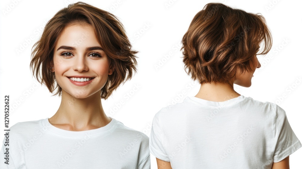 Woman's short wavy bob haircut, studio shot, white background, beauty Woman's short wavy bob haircut, studio shot, white background, beauty