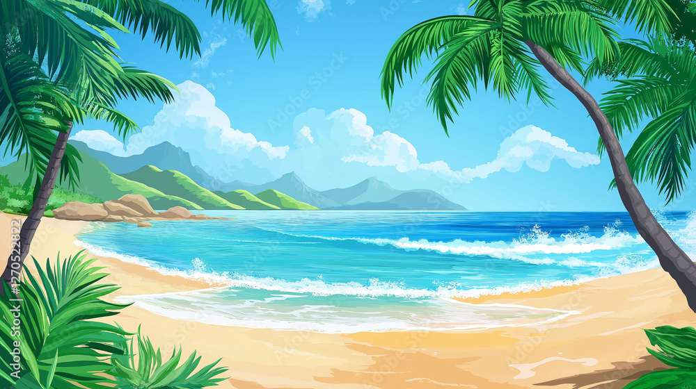 Fototapeta premium Illustration of Tropical Beach with Coconut Palm Tree