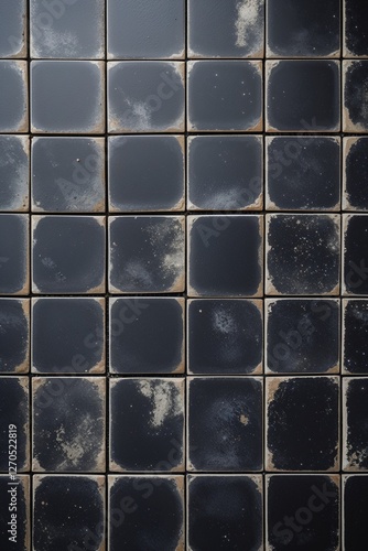 a grid pattern with square tiles, each tile being uniformly sized. The tiles are predominantly black with a slightly weathered appearance