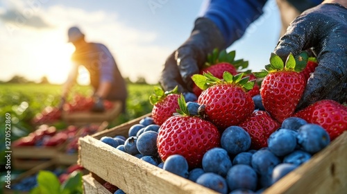 Picking fresh strawberries and blueberries in a field at sunset