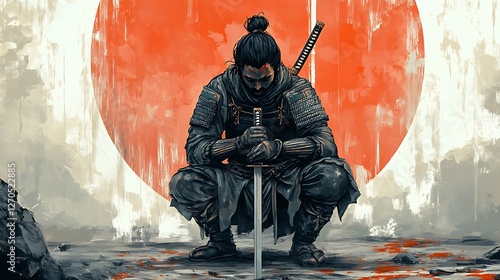 Wallpaper Mural A lone samurai, in a meditative pose, holds his katana before a large red sun. Torontodigital.ca