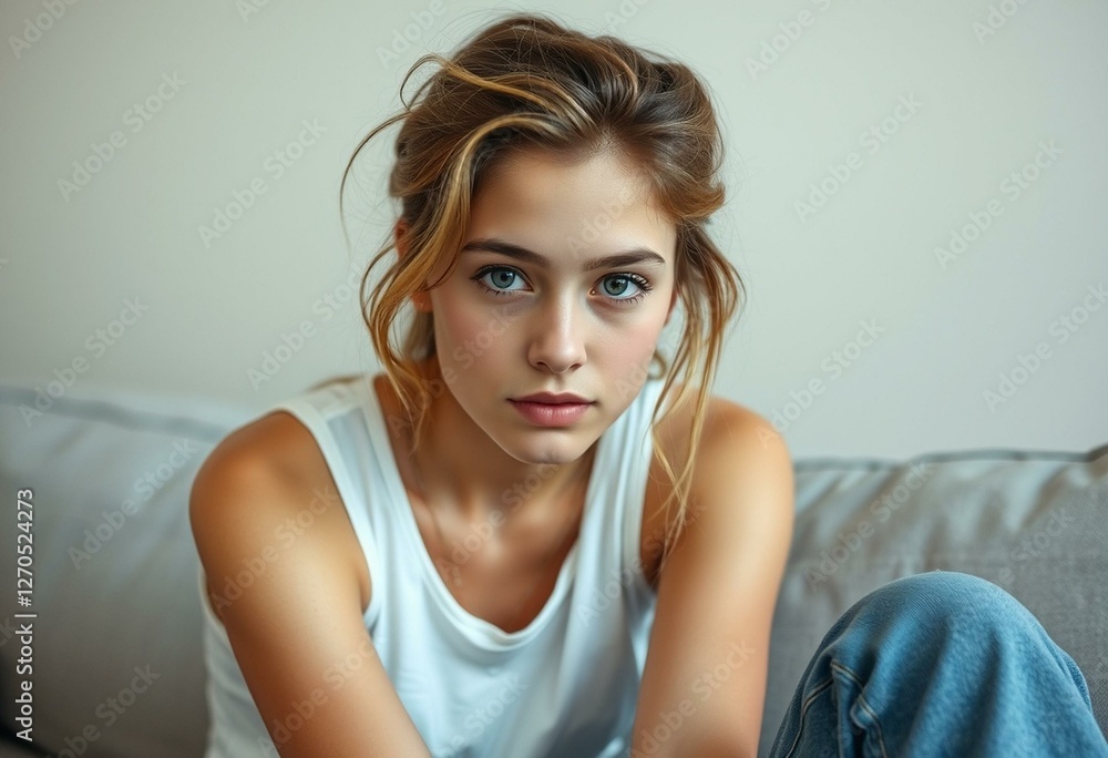 Photorealistic natural light portrait of a bored-looking young woman Photorealistic natural light portrait of a bored-looking young woman