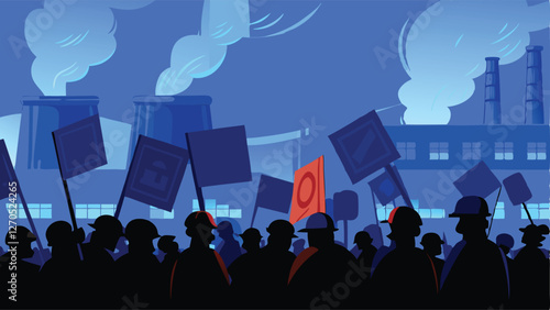 Striking workers, tools aloft, picket line, protest, union members, demonstration, flags, banner, solidarity.