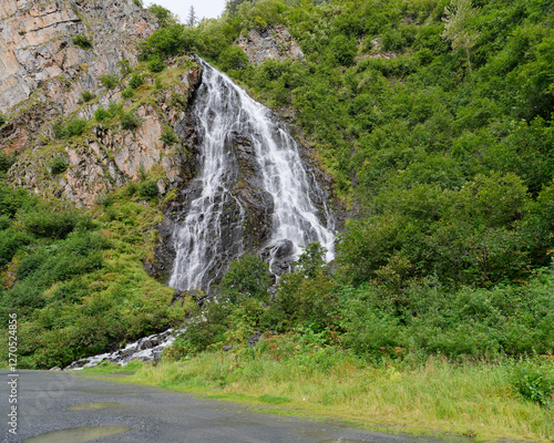 View of the Horsetail falls waterfall by the Richardson Highway, near Valdez, Alaska, USA