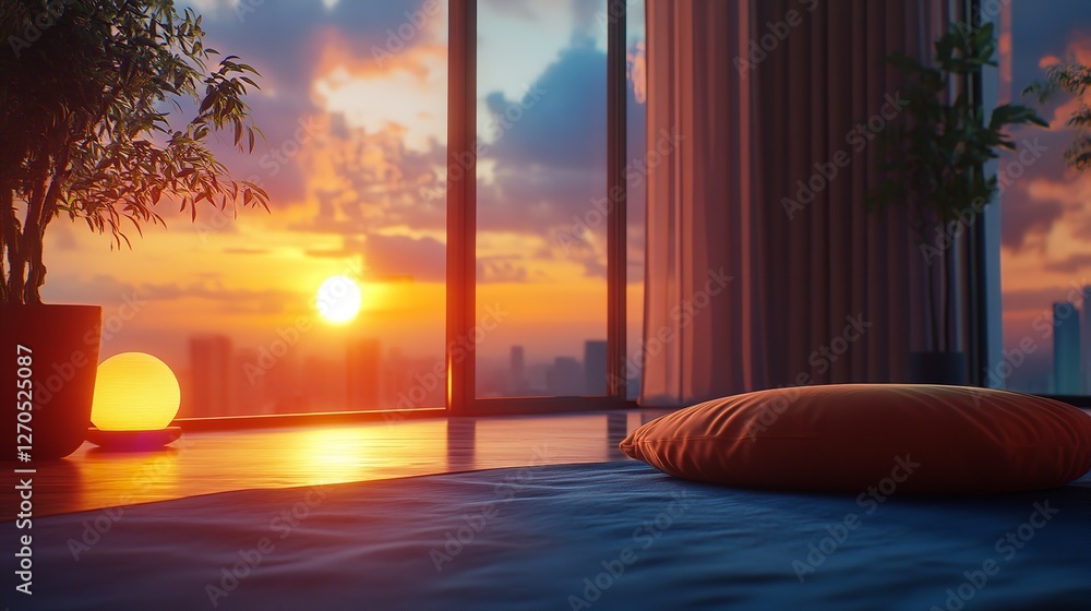 Serene Indoor Setting with Sunset View Over Cityscape Serene Indoor Setting with Sunset View Over Cityscape
