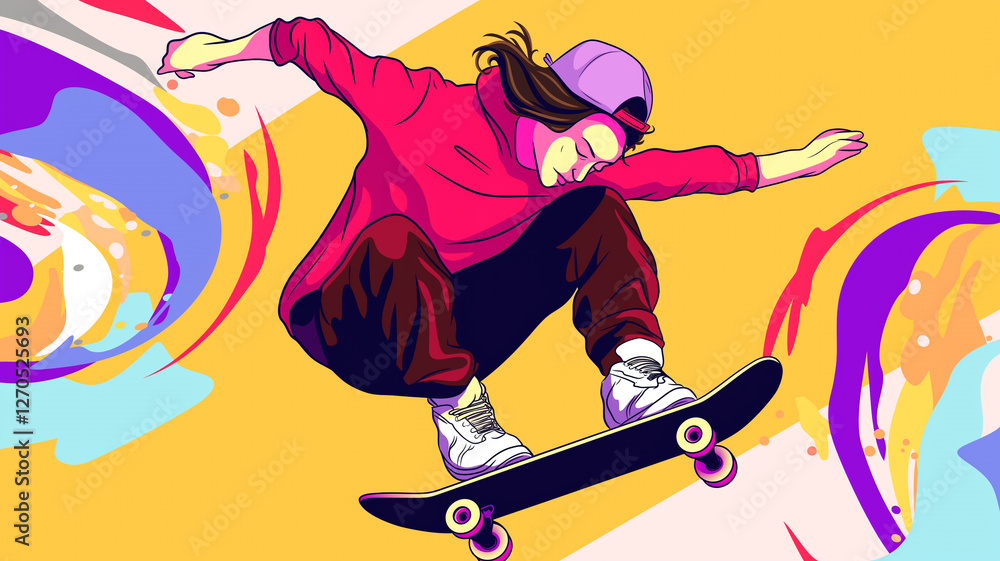 Fototapeta premium オーリーを決めるスケーター｜モダンアート風イラスト