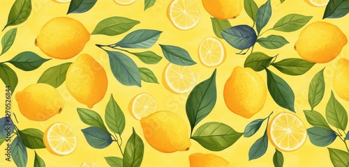 Yellow Lemon Pattern, Leaves, Background, Design