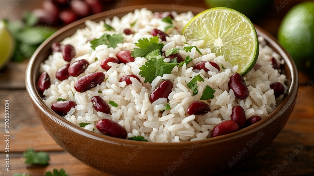 A bowl of rice mixed with red beans, garnished with lime and cilantro, served on a wooden table. A bowl of rice mixed with red beans, garnished with lime and cilantro, served on a wooden table.