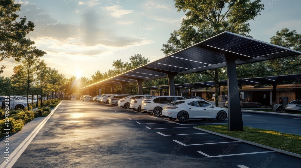 A solar-powered parking lot design with sleek vehicle canopies, emphasizing eco-friendly innovation A solar-powered parking lot design with sleek vehicle canopies, emphasizing eco-friendly innovation