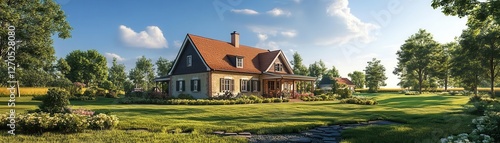 Old countryside farmhouse, well-kept garden, timeless beauty, 3D illustration