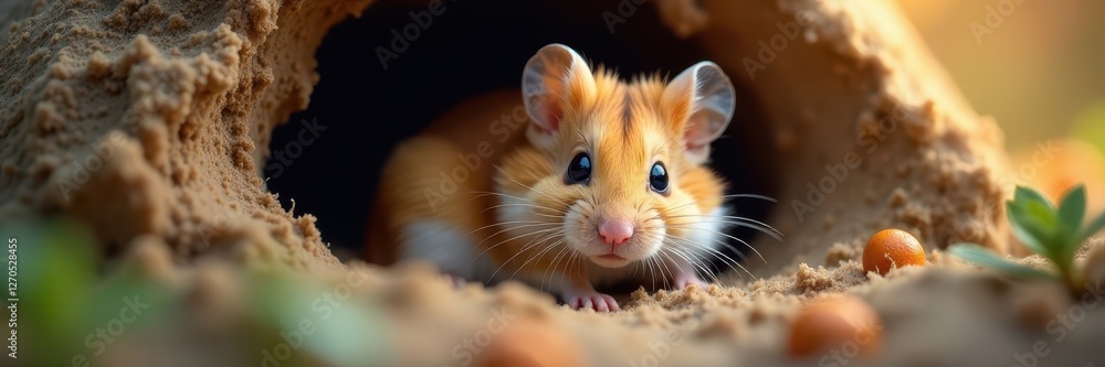 Roborovski hamster resting in its cozy burrow , night, sand Roborovski hamster resting in its cozy burrow , night, sand