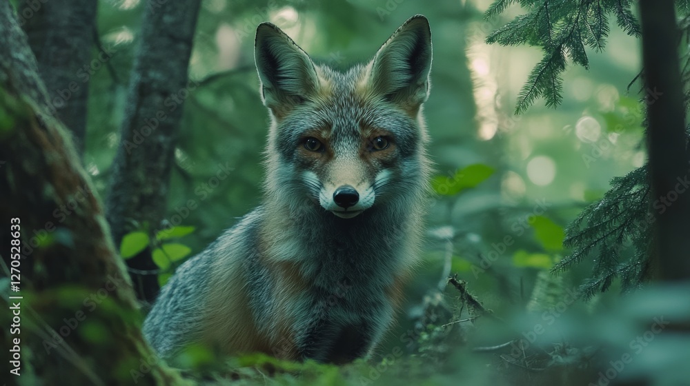 A beautiful gray fox in a protected forest looks at the camera and there are small trees near him with a beautiful green background containing trees. A beautiful gray fox in a protected forest looks at the camera and there are small trees near him with a beautiful green background containing trees.