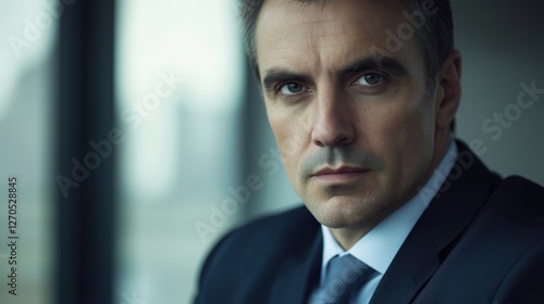 Focused professional in business attire embodies determination and expertise in a modern work environment.