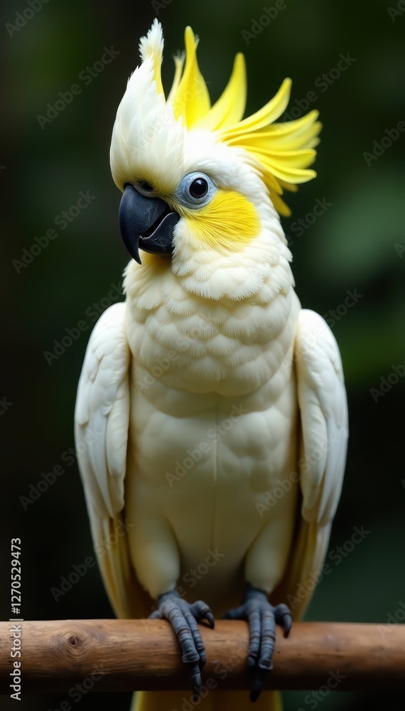 Sulphur-crested cockatoo perched on a wooden perch, feathers, wildlife Sulphur-crested cockatoo perched on a wooden perch, feathers, wildlife