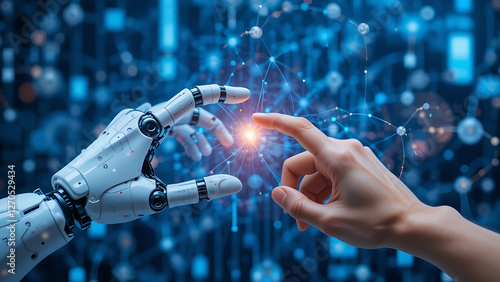 AI, Machine learning, Hands of robot and human touching on big data network connection background, Science and artificial intelligence technology, innovation and futuristic.