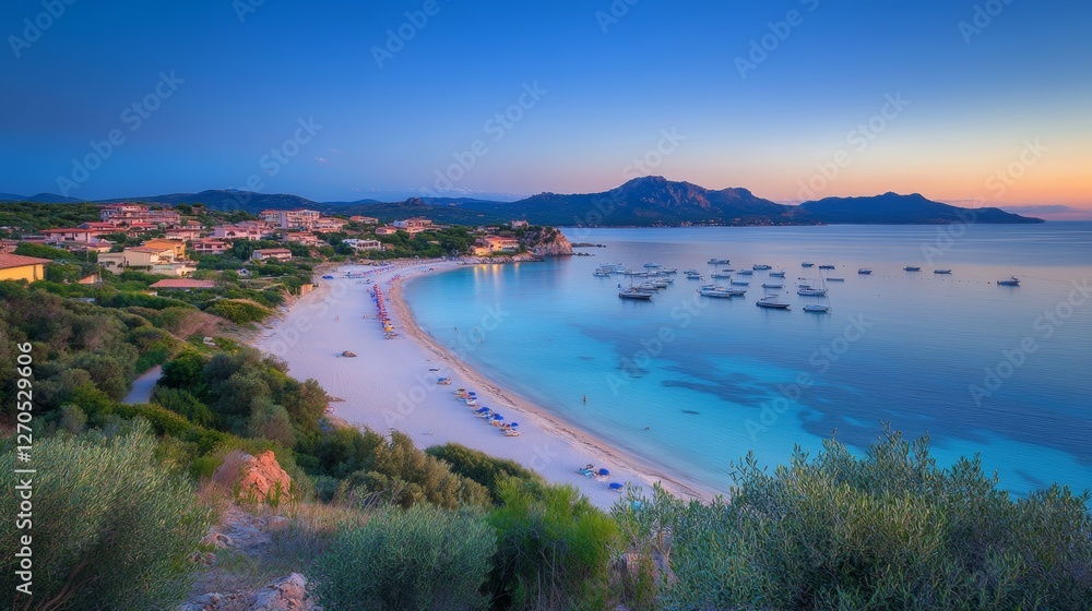 Fototapeta premium Long exposure at dawn on the beach of Terrata Olbia, in the background the island of Tavolara, Sardinia - Italy