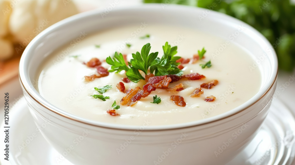 Creamy cauliflower soup in bowl garnished with parsley and bacon bits, offering rich and comforting flavor. Perfect for cozy meal or gathering Creamy cauliflower soup in bowl garnished with parsley and bacon bits, offering rich and comforting flavor. Perfect for cozy meal or gathering