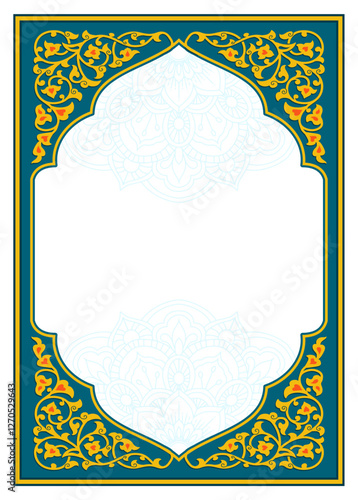 Arabic Floral Frame.  Traditional Islamic Design. Elegance Background with Text input area in a center. Suitable for greeting card, poster, invitation and banner