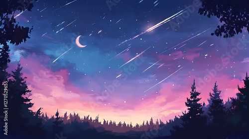 Dreamy Watercolor-Style Night Sky with a Crescent Moon and Stars. photo