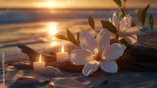 Romantic beach setting with white magnolia flowers, candles, seashells, and driftwood during sunset.