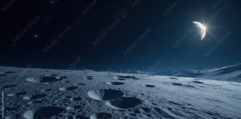 Vast lunar panorama, cratered surface, starfield backdrop, astronomy, orbit, night Vast lunar panorama, cratered surface, starfield backdrop, astronomy, orbit, night