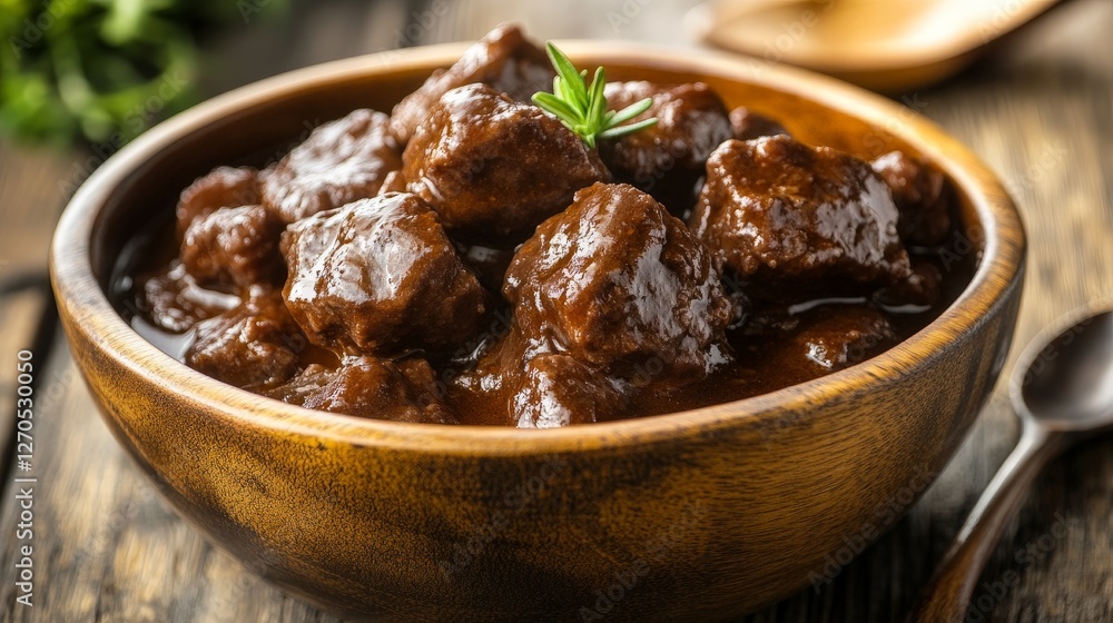 A bowl of rich, saucy beef stew garnished with a sprig of herb. A bowl of rich, saucy beef stew garnished with a sprig of herb.