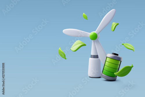 3D vector of a wind turbine and green battery with floating leaves