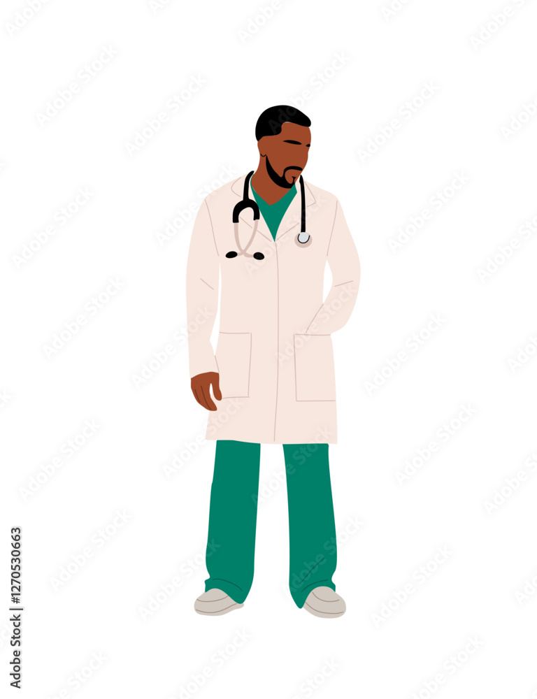 Black male doctor standing in hospital uniform, green scrub and white gown, lab coat. African american man medic worker. Cartoon character vector realistic illustration isolated Black male doctor standing in hospital uniform, green scrub and white gown, lab coat. African american man medic worker. Cartoon character vector realistic illustration isolated