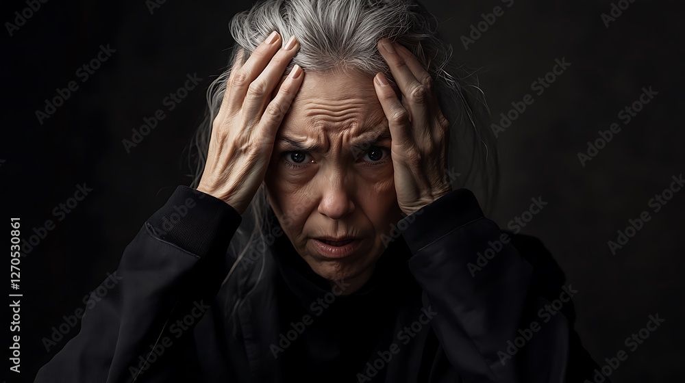 Close-up portrait of a stressed senior woman with hands on her head, showing worry and anxiety. Close-up portrait of a stressed senior woman with hands on her head, showing worry and anxiety.