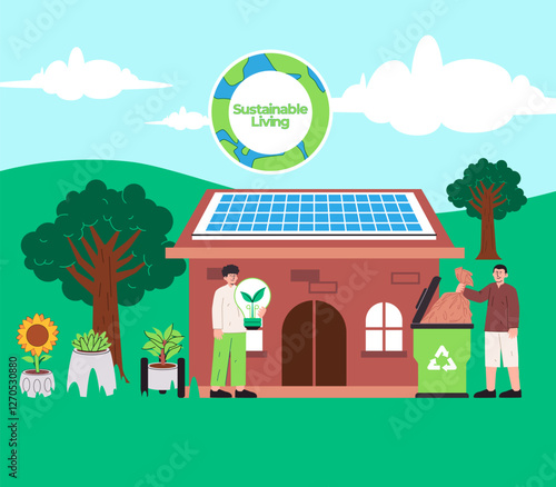 Sustainable living illustration male man people character carrying eco lightbulb throwing garbage modern technology recycle waste trash bin ecosystem environment panel solar house building garden