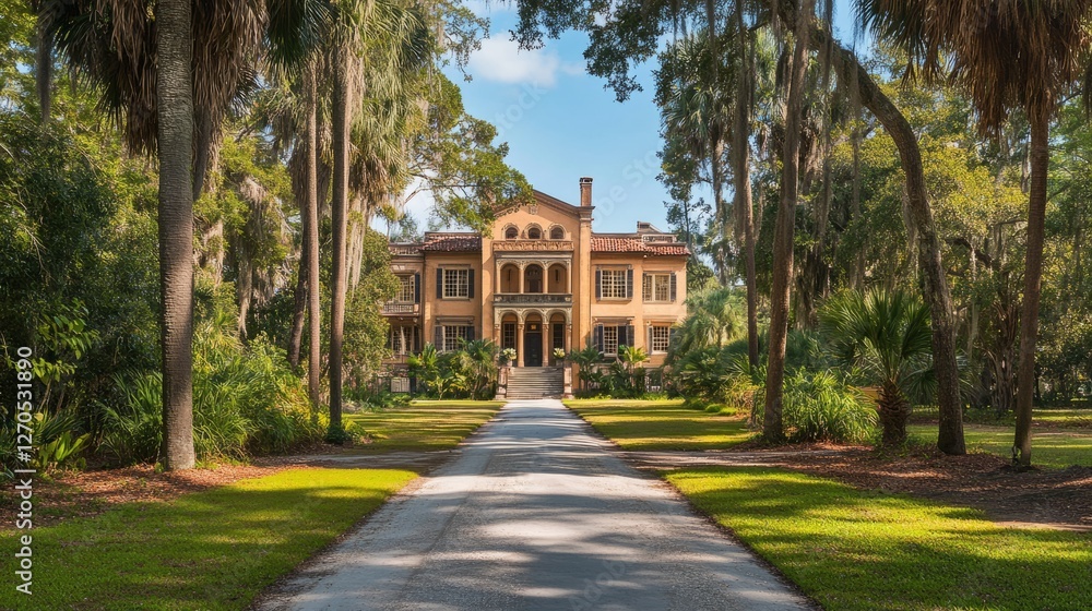 Antebellum Mansion Surrounded By Lush Greenery Under A Blue Sky. Historic Estate Architecture. Antebellum Mansion Surrounded By Lush Greenery Under A Blue Sky. Historic Estate Architecture.