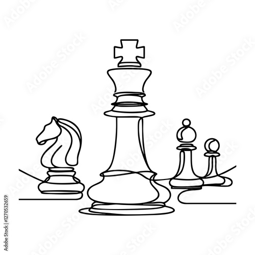 A continuous line drawing illustration of chess pieces