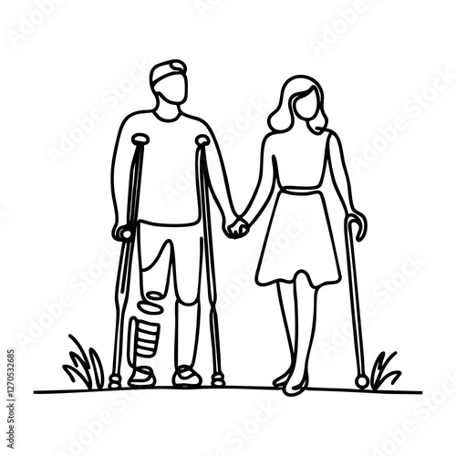 A continuous line drawing illustration of a couple with disabilities