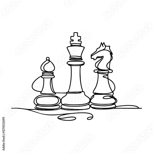 A continuous line drawing illustration of chess pieces