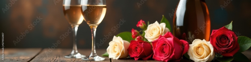 Elegant champagne flutes, red & cream roses, sparkling wine bottle , elegant, sparkling wine Elegant champagne flutes, red & cream roses, sparkling wine bottle , elegant, sparkling wine