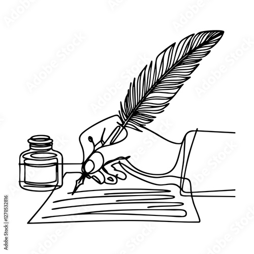 A continuous line drawing illustration of a hand writing with a feather quill