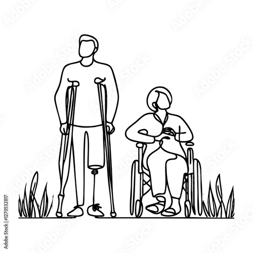 A continuous line drawing illustration of a disabled couple